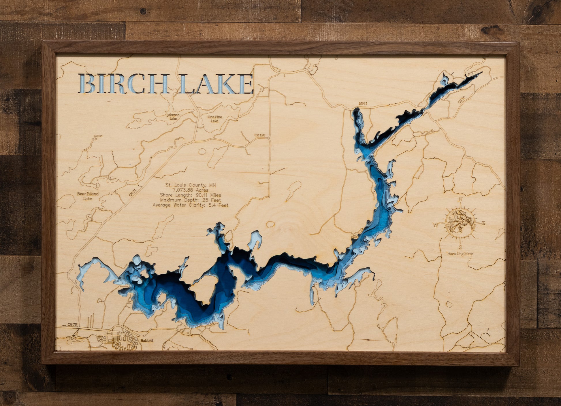 Exquisite wooden map of Birch Lake in St. Louis County, MN with detailed lakebed features.