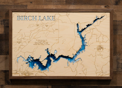 Exquisite wooden map of Birch Lake in St. Louis County, MN with detailed lakebed features.