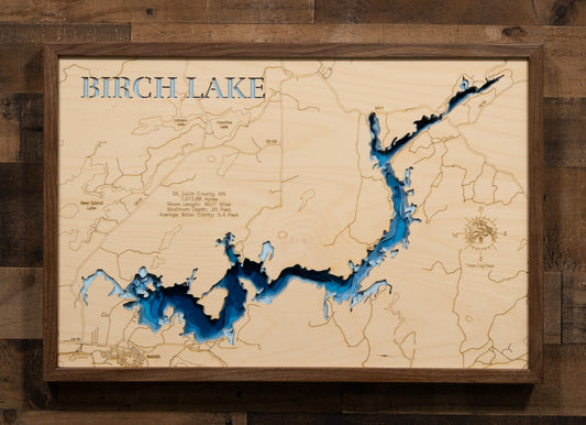 Exquisite wooden map of Birch Lake in St. Louis County, MN with detailed lakebed features.