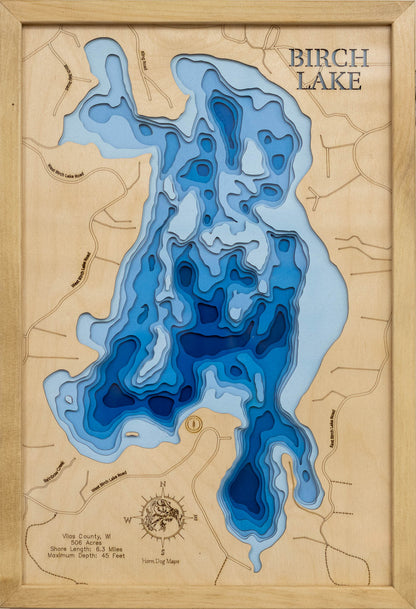 3D wooden lake map of Birch Lake in Vilas County, WI, showcasing detailed depth layers and contours.