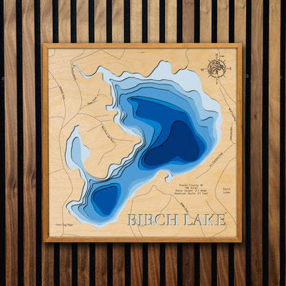 Artisanally carved wooden lake map of Birch Lake in Oneida County, WI, highlighting bathymetry.