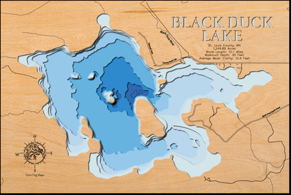 High-definition wooden relief map of Black Duck Lake in St. Louis County, MN, handmade for durability.