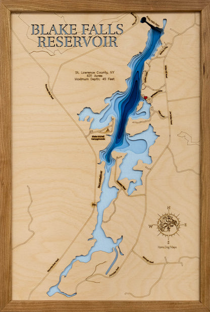 3D wooden lake map of Blake falls Reservoir in St Lawrence County, New York, showcasing detailed depth layers and contours.