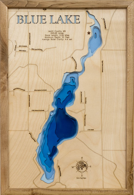 Handcrafted 3D wood map of Blue Lake in Isanti County, MN, ideal for lake enthusiasts.