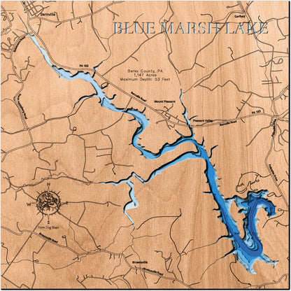 Blue Marsh Lake in Berks County, PA 3D depth map, laser cut from high-quality wood.