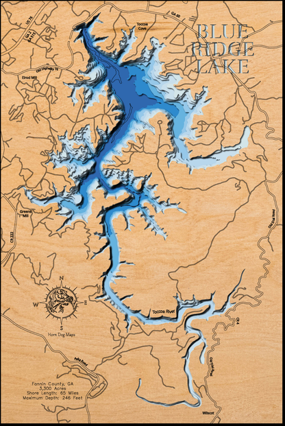 Blue Ridge Lake in Fannin County, GA engraved wood map, showcasing accurate topographical features.