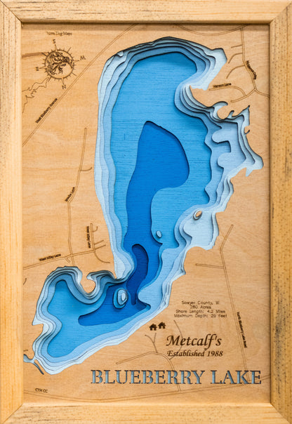 Precision-cut wooden map of Blueberry Lake in Sawyer County, WI, perfect for unique decor.