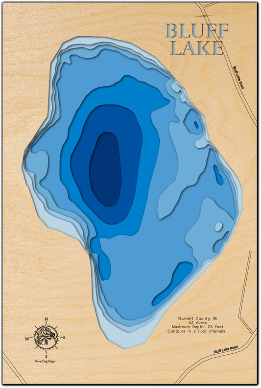 Bluff Lake in Burnett County, WI custom 3D wood map, perfect for home decor and gifts.