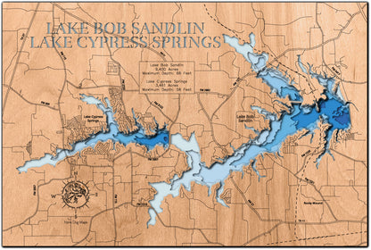 Laser-engraved relief map of Lake Bob Sandlin and Lake Cypress Springs in Franklin County, Texas, crafted from wood with high precision.