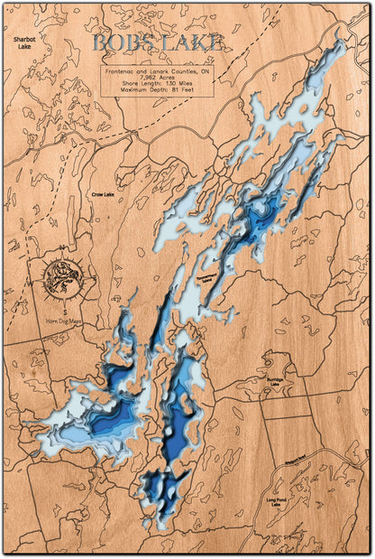 High-definition wooden relief map of Bobs Lake in Frontenac and Lanark Counties, Ontario, handmade for durability.