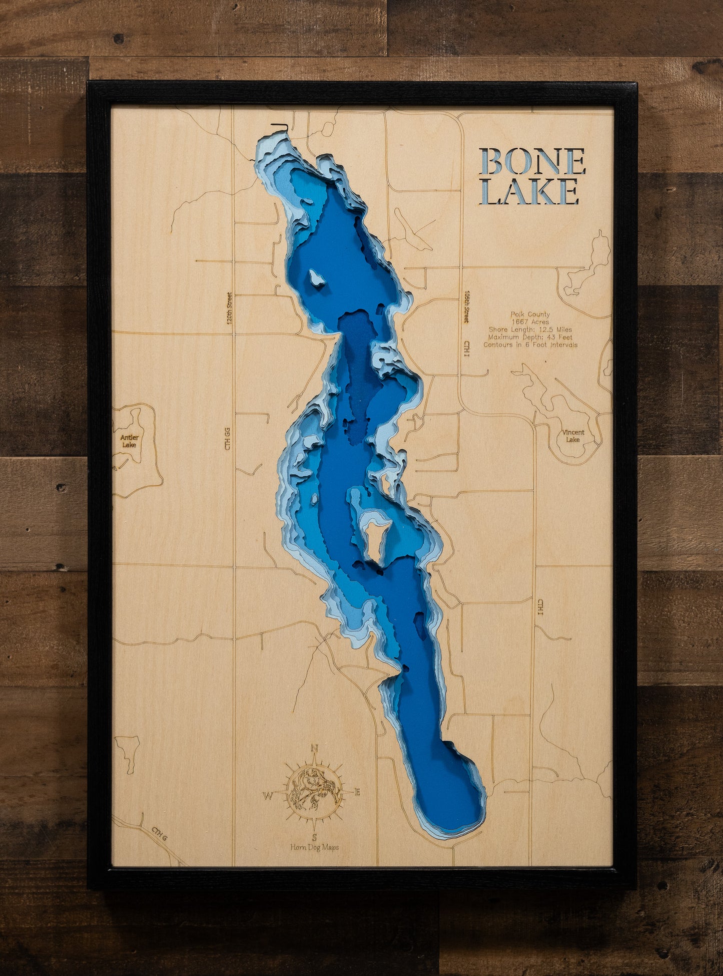 3D wooden lake map of 3D Wooden Lake Map of Bone Lake in Polk, showcasing detailed depth layers and contours.