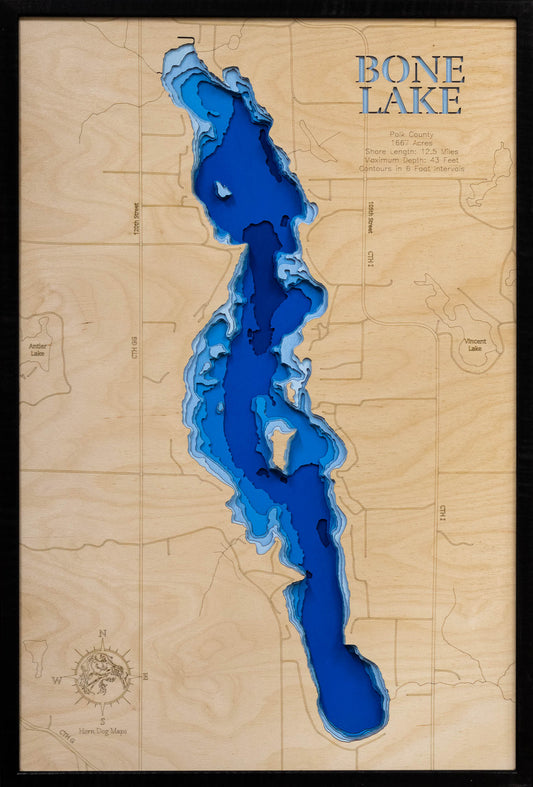 3D wooden lake map of 3D Wooden Lake Map of Bone Lake in Polk, showcasing detailed depth layers and contours.