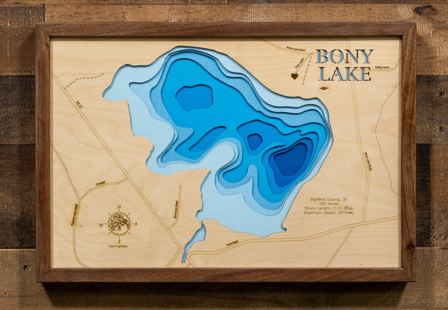 Bony Lake in Bayfield County, WI in stunning 3D wood map design, with detailed topography.