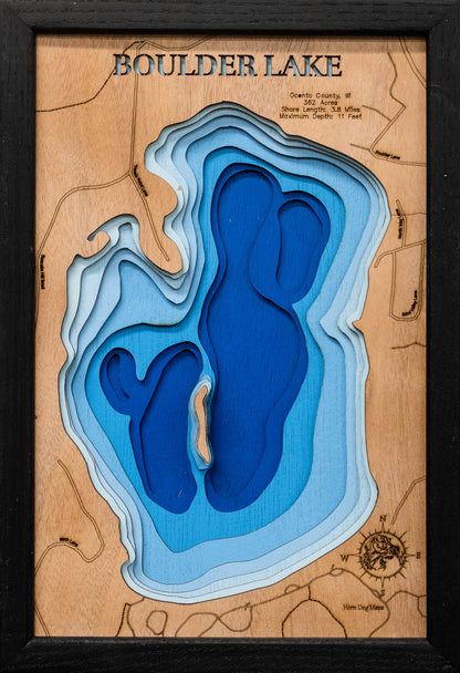 Custom wooden map of Boulder Lake in Oconto County, WI with layered depth highlights.