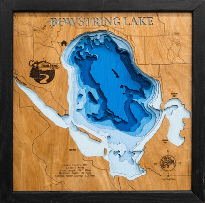 Custom wooden map of Bowstring Lake in Itasca County, MN with layered depth highlights.