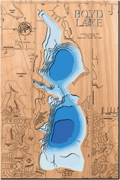 3D wooden lake map of Boyd Lake in Larimer County, CO, showcasing detailed depth layers and contours.