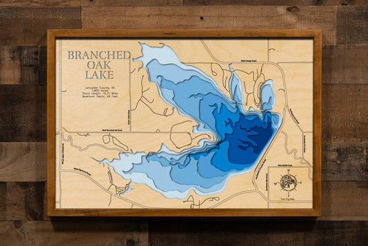 A laser-cut, layered wooden map of Branched Oak Lake in Lancaster County, Nebraska. The distinct shape of this large eastern Nebraska lake, with its 15.71-mile shoreline, is clearly visible within the landscape. The varying depths of the lake, reaching a maximum of 29 feet, are represented by different layers of wood, illustrating its underwater topography.