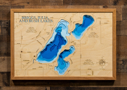 3D wooden lake map Briggs, Julia, and Rush Lake in Sherburne County, MN showcasing detailed depth layers and contours.