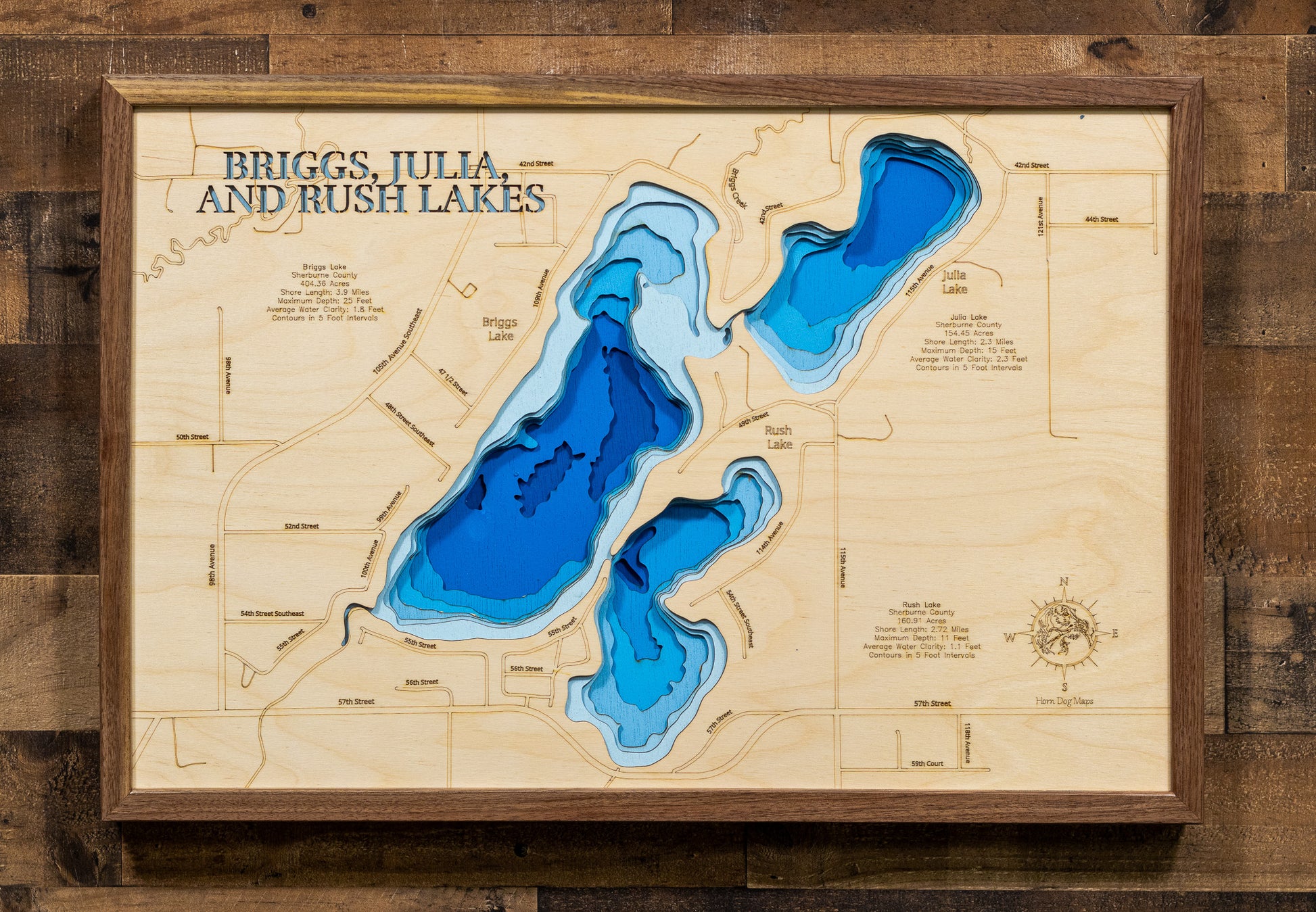 3D wooden lake map Briggs, Julia, and Rush Lake in Sherburne County, MN showcasing detailed depth layers and contours.