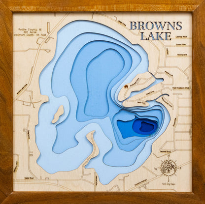 Handcrafted 3D wood map of Browns Lake in Racine County, WI, ideal for lake enthusiasts.