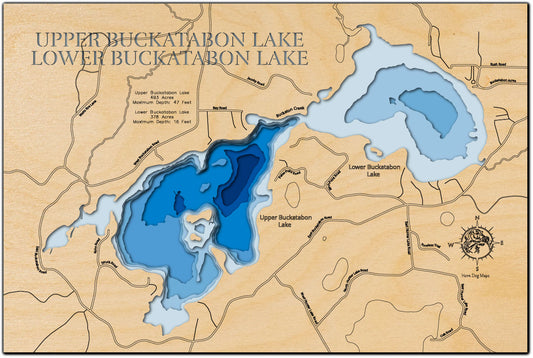 Laser-engraved relief map of Upper and Lower Buckatabon Lakes in Vilas County, WI, crafted from wood with high precision.