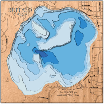 Unique wooden lake map of Buffalo Lake in Wright County, MN, featuring intricate depth details.