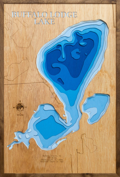 Handcrafted 3D wood map of Buffalo Lodge Lake in McHenry County, ND, ideal for lake enthusiasts.