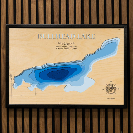 Decorative 3D wooden lake map of Bullhead Lake in Beltrami County, MN, crafted with care.