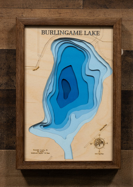 Artisanally carved wooden lake map of Burlingame Lake in Burnett County, WI, highlighting bathymetry.