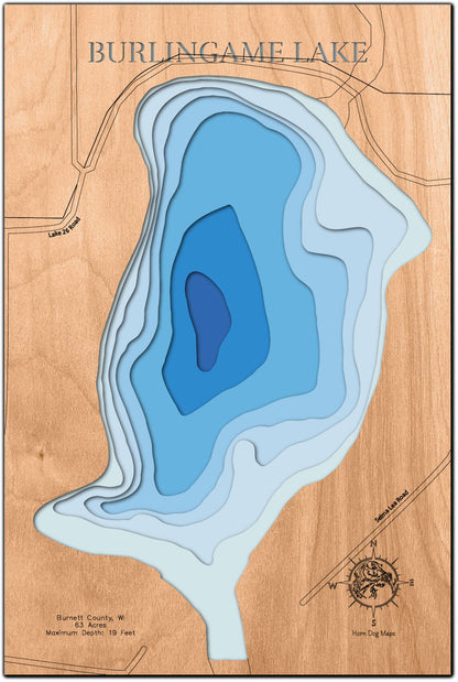 Artisanally carved wooden lake map of Burlingame Lake in Burnett County, WI, highlighting bathymetry.