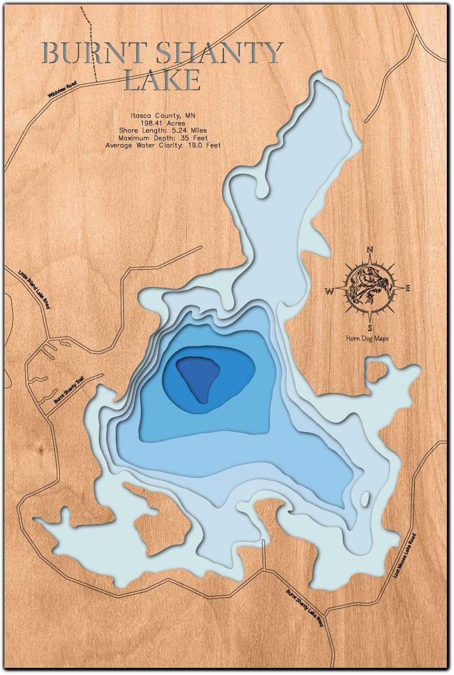 Exquisite wooden map of Burnt Shanty Lake in Itasca County, MN with detailed lakebed features.