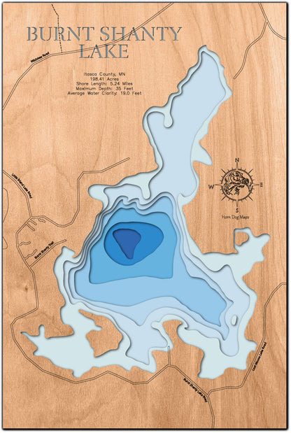 Exquisite wooden map of Burnt Shanty Lake in Itasca County, MN with detailed lakebed features.