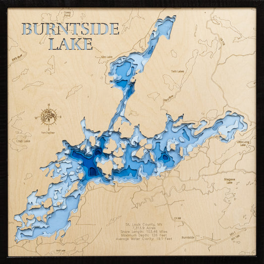 Artisanally carved wooden lake map of Burntside Lake in St. Louis County, MN, highlighting bathymetry.