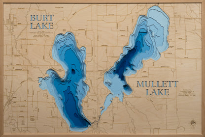 A highly detailed, laser-cut, and multi-layered wooden map showcasing both Burt Lake and Mullett Lake in Cheboygan County, Michigan. The map illustrates Burt Lake's 17,120-acre surface with depth contours to 73 feet and 35 miles of shoreline, alongside Mullett Lake's 17,360-acre expanse descending to 120 feet with 28 miles of shoreline, connected by the Indian River corridor through the famous Inland Waterway.