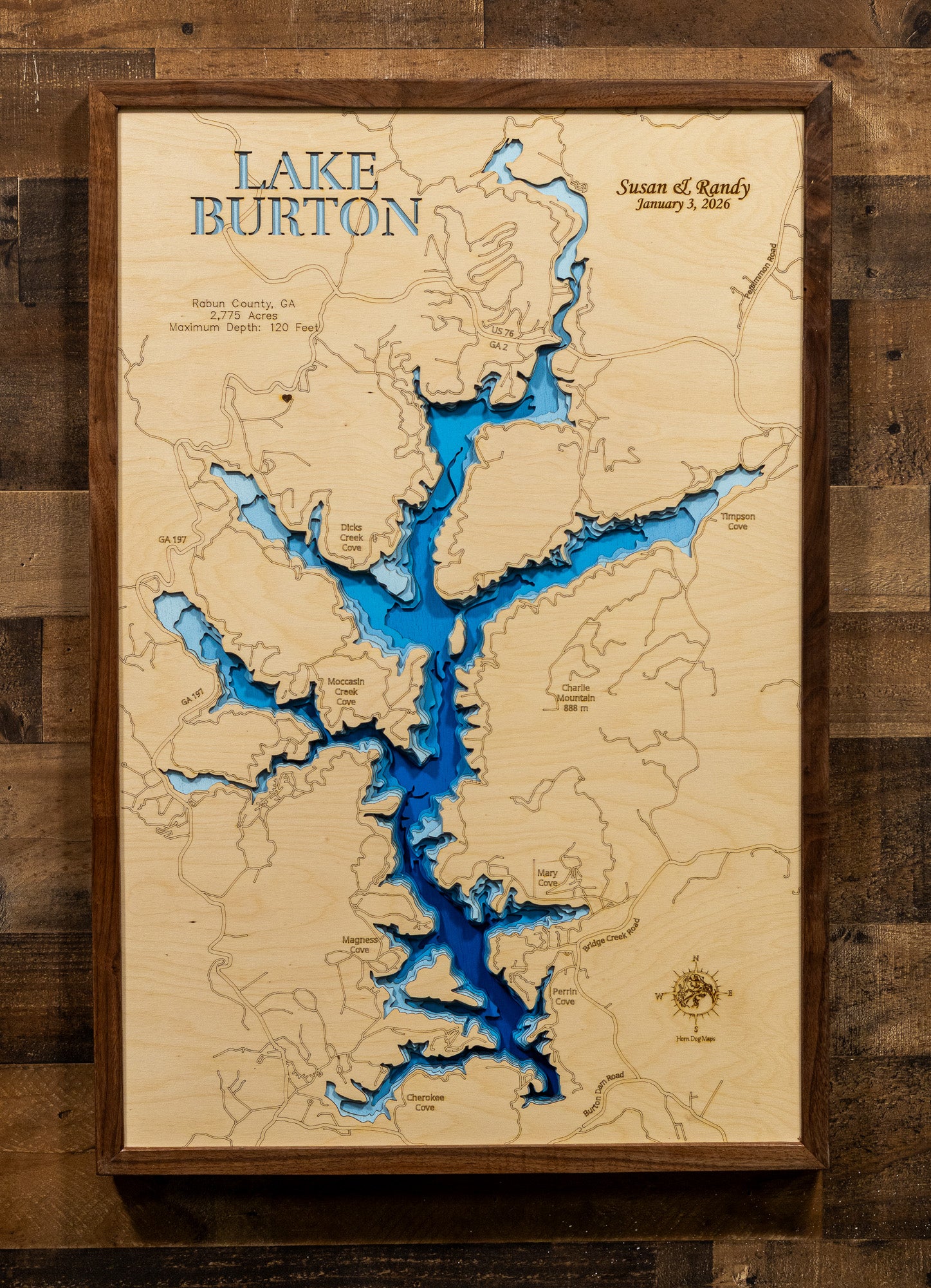 High-definition wooden relief map of Lake Burton in Rabun County, GA, handmade for durability.