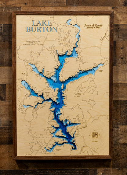 High-definition wooden relief map of Lake Burton in Rabun County, GA, handmade for durability.