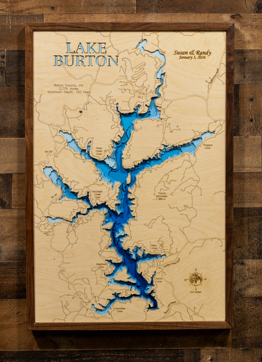 High-definition wooden relief map of Lake Burton in Rabun County, GA, handmade for durability.