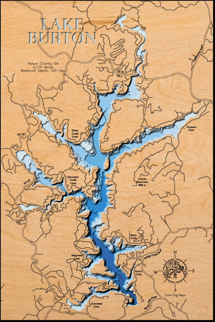 High-definition wooden relief map of Lake Burton in Rabun County, GA, handmade for durability.
