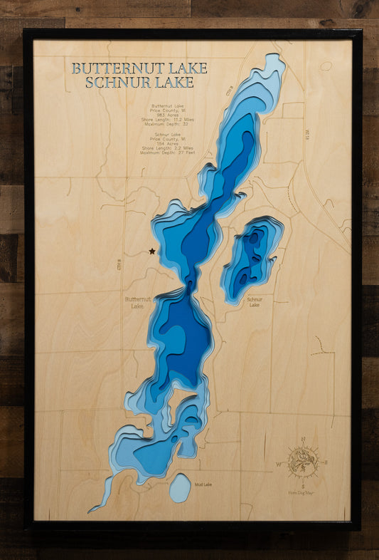 Artisanally carved wooden lake map of Butternut Lake and Schnur Lake in Price County, WI, highlighting bathymetry.