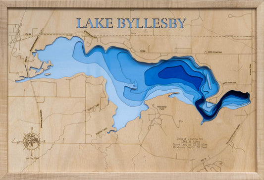 Lake Byllesby in Dakota County, MN engraved wood map, showcasing accurate topographical features.