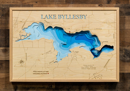 Lake Byllesby in Dakota County, MN engraved wood map, showcasing accurate topographical features.