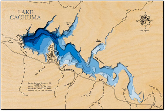 Lake Cachuma in Santa Barbara County, CA in stunning 3D wood map design, with detailed topography.