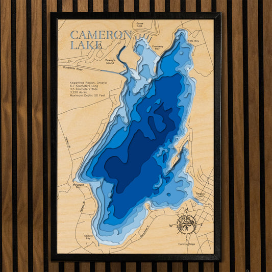 Precision-cut wooden map of Cameron Lake in Kawarthas Region, ON, perfect for unique decor.