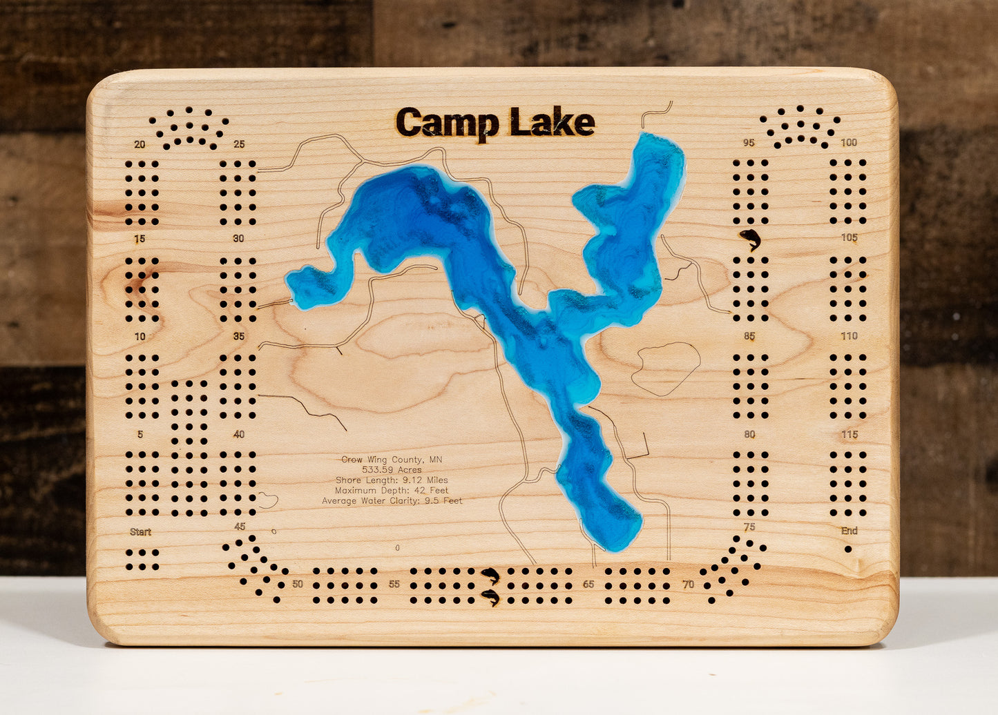 Camp Lake in Crow Wing County,  MN in stunning cribbage board, with detailed topography.