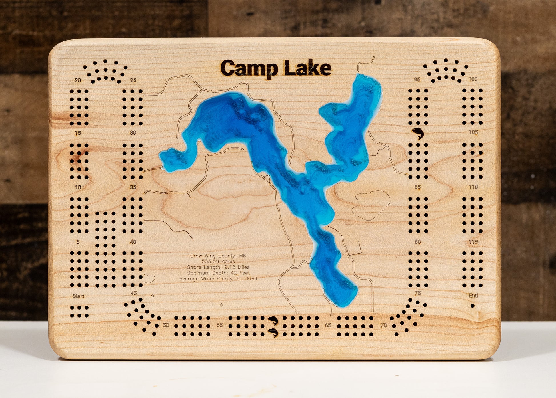Camp Lake in Crow Wing County,  MN in stunning cribbage board, with detailed topography.