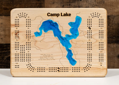 Camp Lake in Crow Wing County,  MN in stunning cribbage board, with detailed topography.