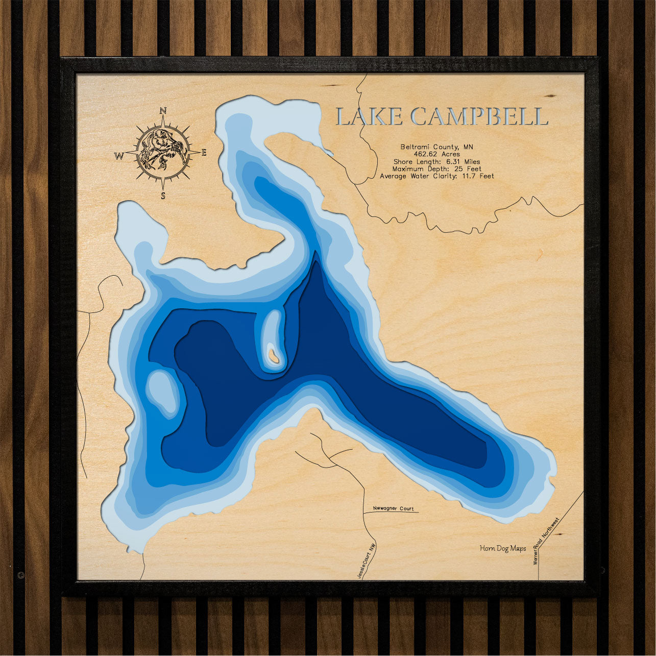 Exquisite wooden map of Lake Campbell in Beltrami County, MN with detailed lakebed features.