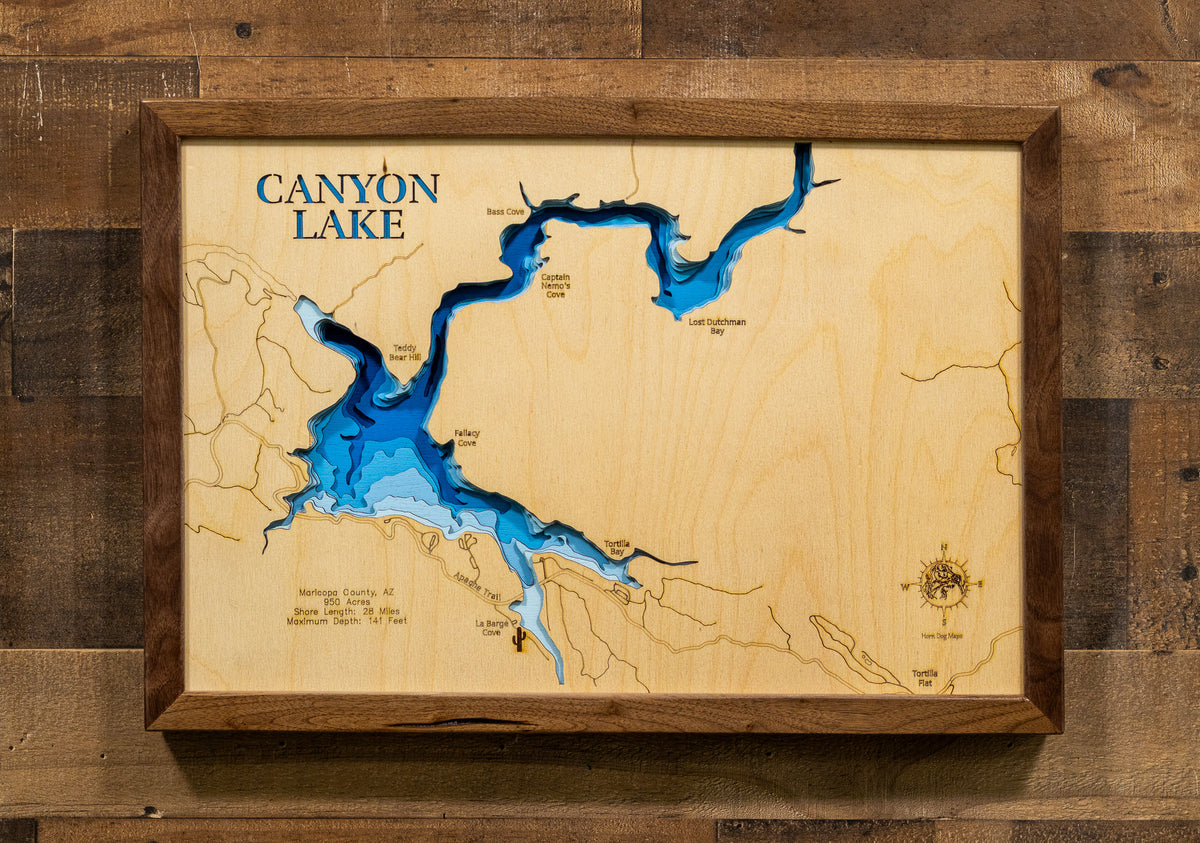 A framed 3D wooden map of Canyon Lake, featuring layered blue resin representing water depth and engraved details, mounted on a rustic dark wood plank wall.
