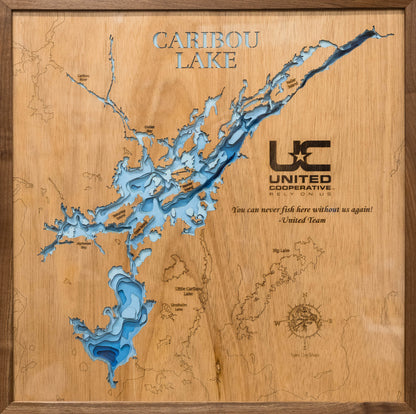 Laser-engraved relief map of Caribou Lake in Thunder Bay District,Ontario, crafted from wood with high precision.