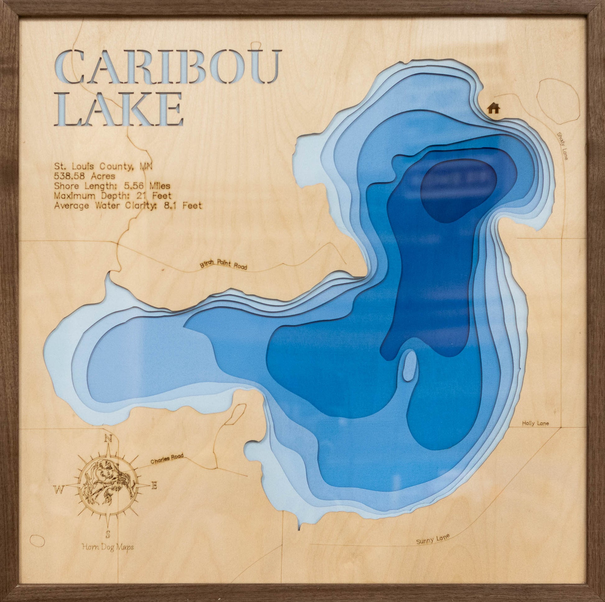 High-definition wooden relief map of Caribou Lake in St. Louis County, MN, handmade for durability.